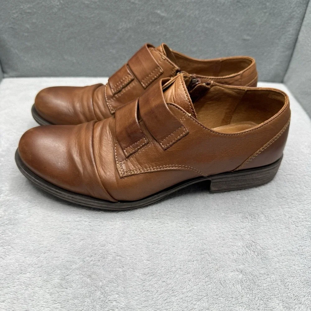 Miz Mooz Liam Women's 6.5 Brown Leather Double Strap Oxford Shoes Side Zip